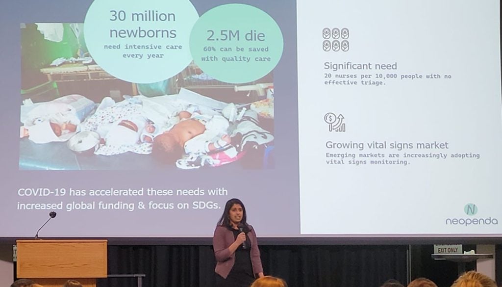 Female entrepreneur Sona Shah represents Neopenda on stage