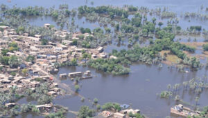 Aerial shot of a flooded town and adjacent fields in Pakistan. Extreme weather events are making the link between climate change and food insecurity clearer.