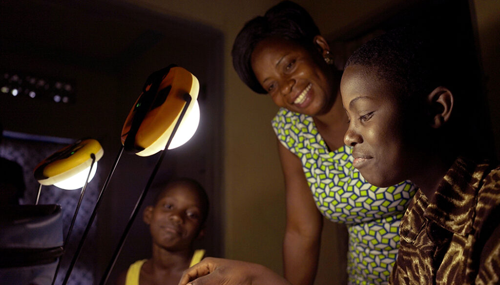 A solar lantern lights up the home of Walathira Gracel