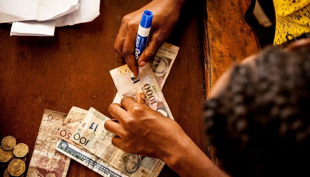 A woman from a village bank in Haiti counts her money